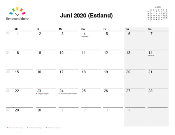 Kalender für 2020 in Estland