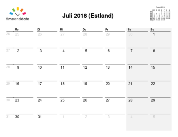 Kalender für 2018 in Estland