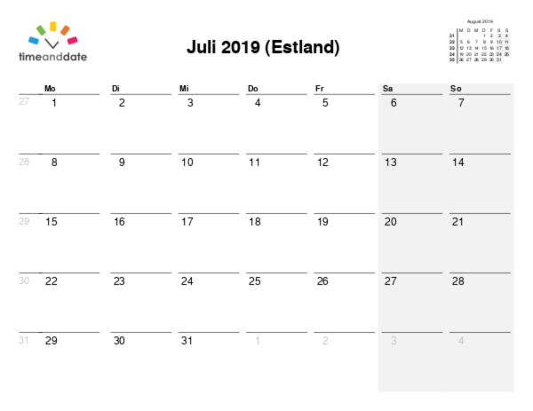 Kalender für 2019 in Estland