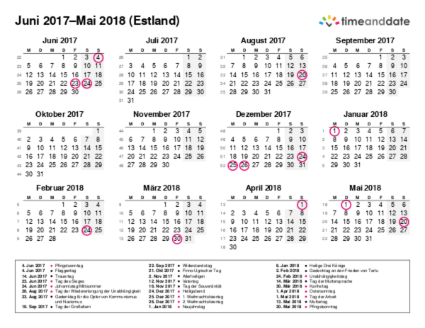 Kalender für 2017 in Estland