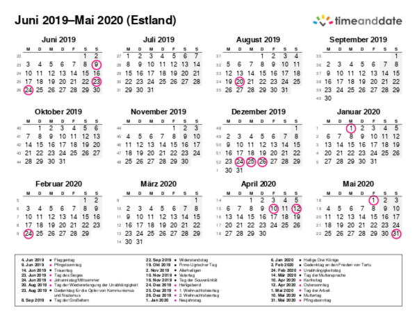 Kalender für 2019 in Estland