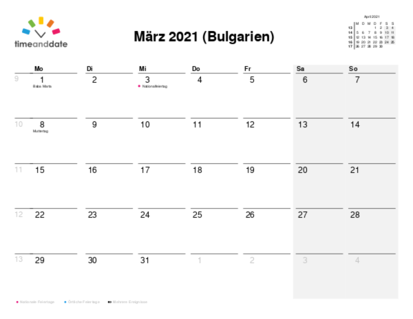 Kalender für 2021 in Bulgarien