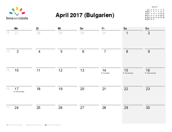 Kalender für 2017 in Bulgarien