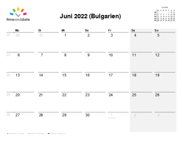 Kalender für 2022 in Bulgarien