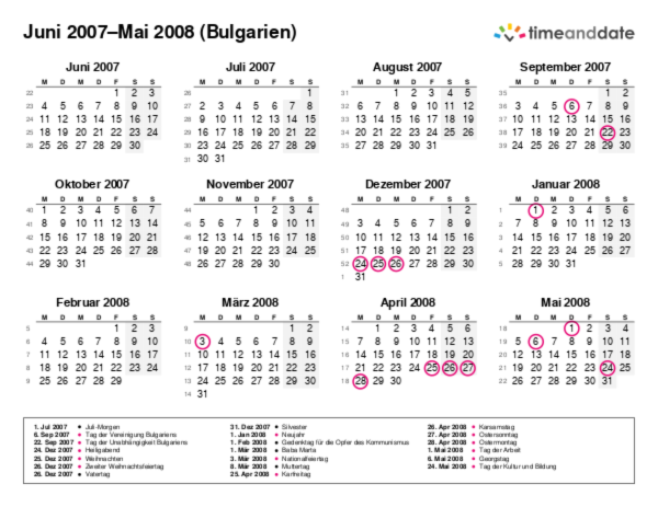 Kalender für 2007 in Bulgarien