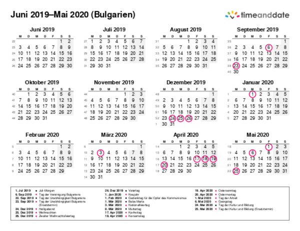 Kalender für 2019 in Bulgarien