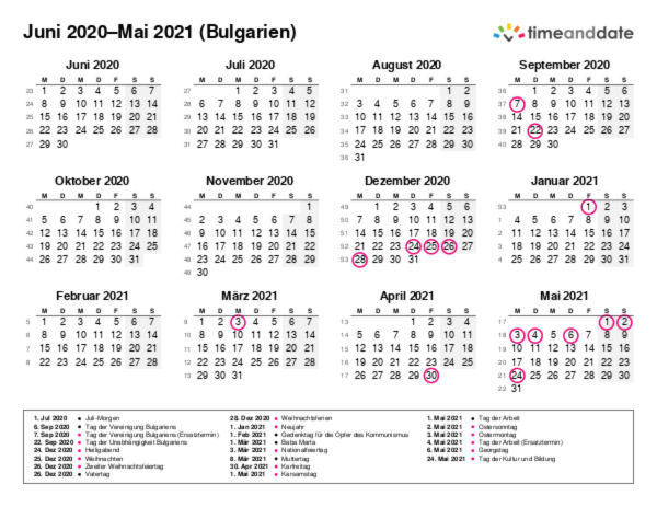 Kalender für 2020 in Bulgarien