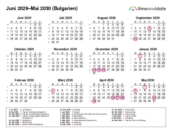 Kalender für 2029 in Bulgarien