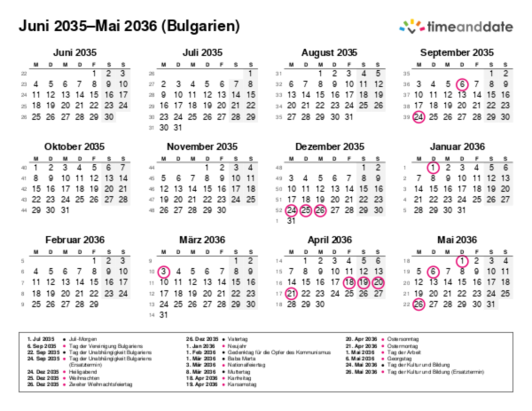 Kalender für 2035 in Bulgarien