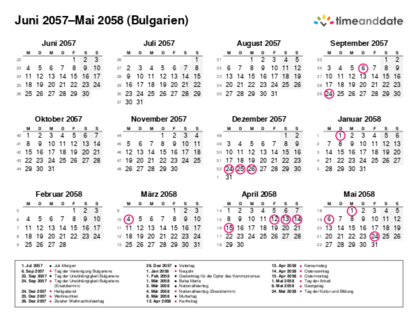 Kalender für 2057 in Bulgarien