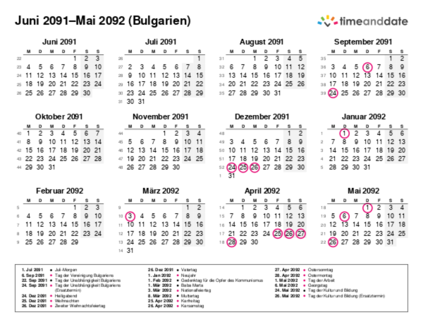 Kalender für 2091 in Bulgarien