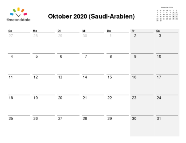 Kalender für 2020 in Saudi-Arabien