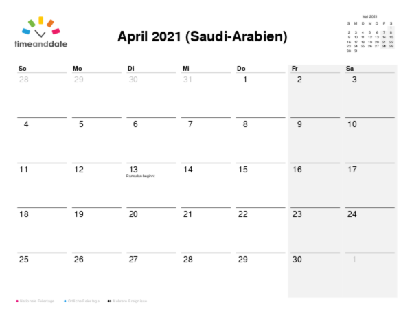 Kalender für 2021 in Saudi-Arabien