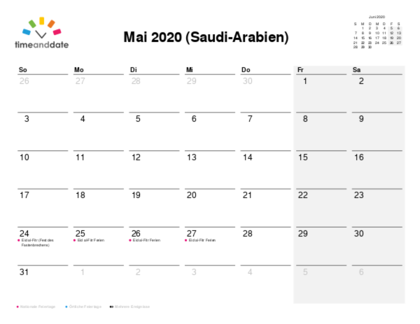 Kalender für 2020 in Saudi-Arabien