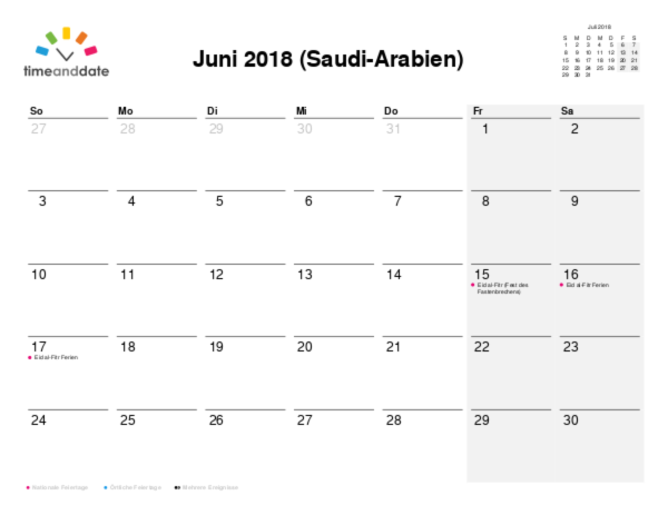 Kalender für 2018 in Saudi-Arabien