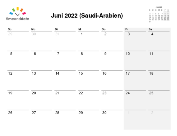 Kalender für 2022 in Saudi-Arabien
