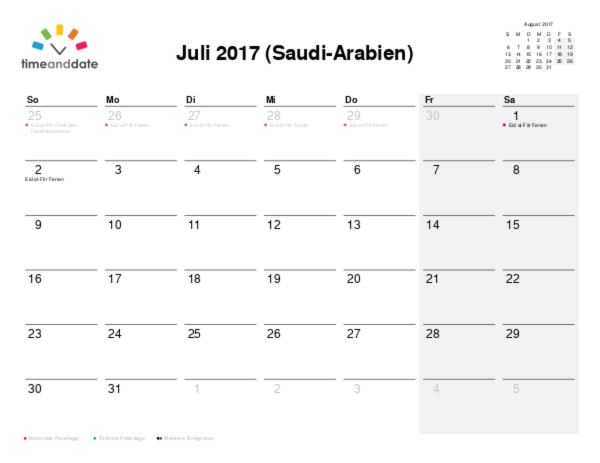 Kalender für 2017 in Saudi-Arabien