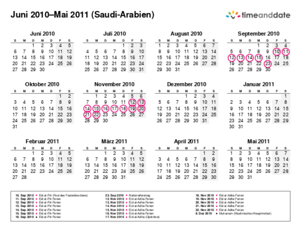 Kalender für 2010 in Saudi-Arabien