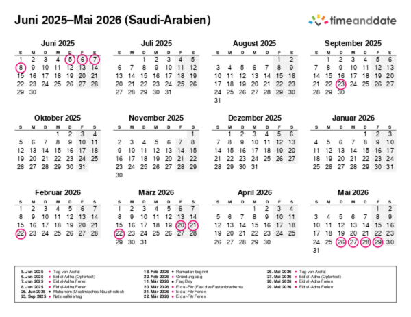 Kalender für 2025 in Saudi-Arabien
