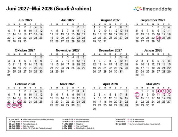 Kalender für 2027 in Saudi-Arabien