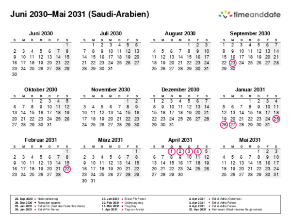 Kalender für 2030 in Saudi-Arabien