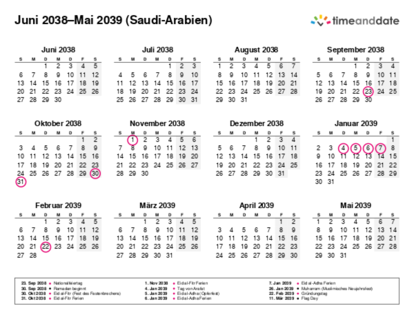Kalender für 2038 in Saudi-Arabien