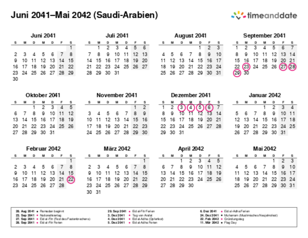Kalender für 2041 in Saudi-Arabien