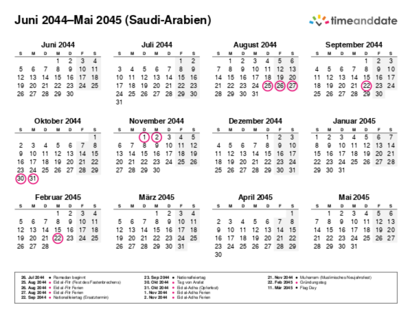 Kalender für 2044 in Saudi-Arabien