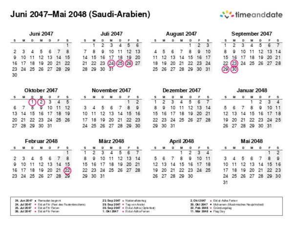 Kalender für 2047 in Saudi-Arabien
