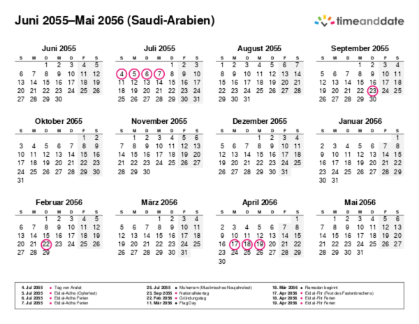Kalender für 2055 in Saudi-Arabien