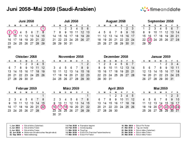 Kalender für 2058 in Saudi-Arabien
