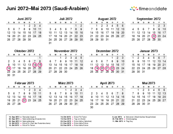 Kalender für 2072 in Saudi-Arabien