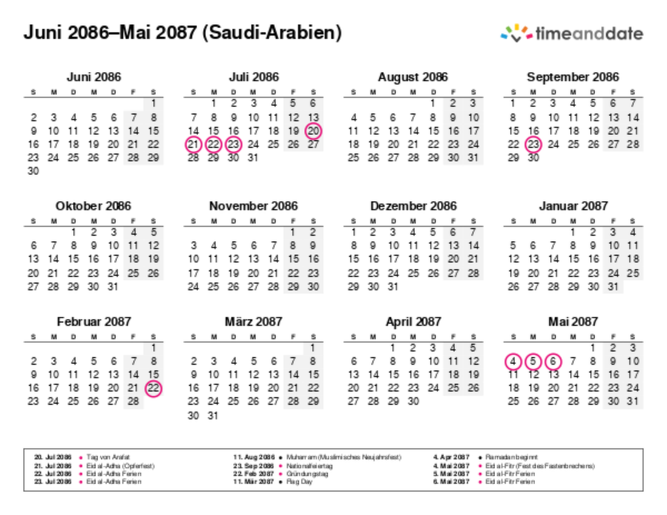 Kalender für 2086 in Saudi-Arabien