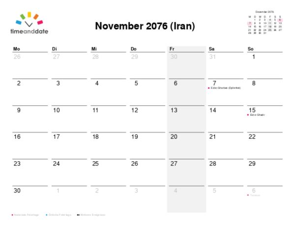 Kalender für 2076 in Iran
