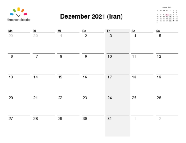 Kalender für 2021 in Iran