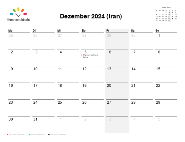 Kalender für 2024 in Iran