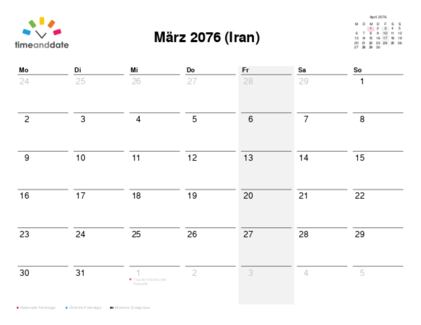 Kalender für 2076 in Iran