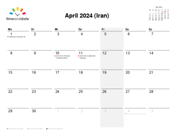 Kalender für 2024 in Iran