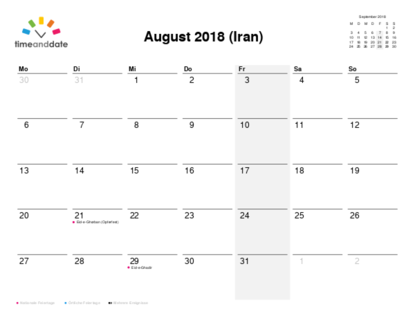 Kalender für 2018 in Iran