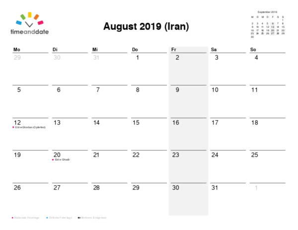 Kalender für 2019 in Iran