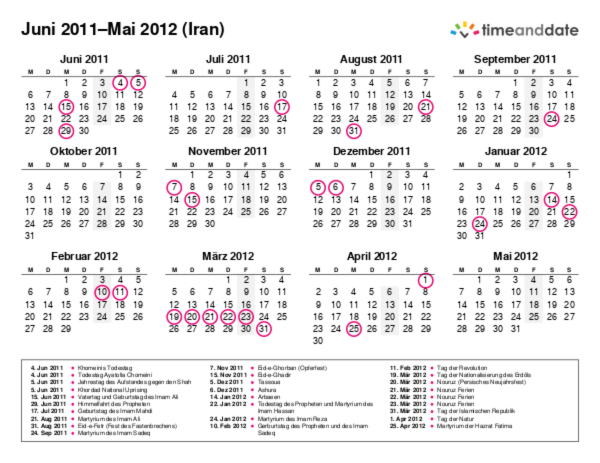 Kalender für 2011 in Iran