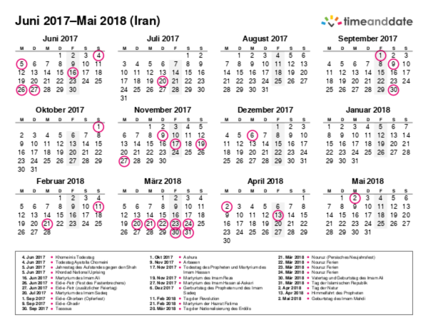 Kalender für 2017 in Iran