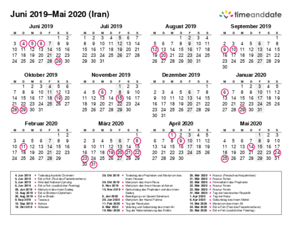 Kalender für 2019 in Iran