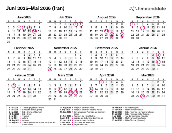 Kalender für 2025 in Iran