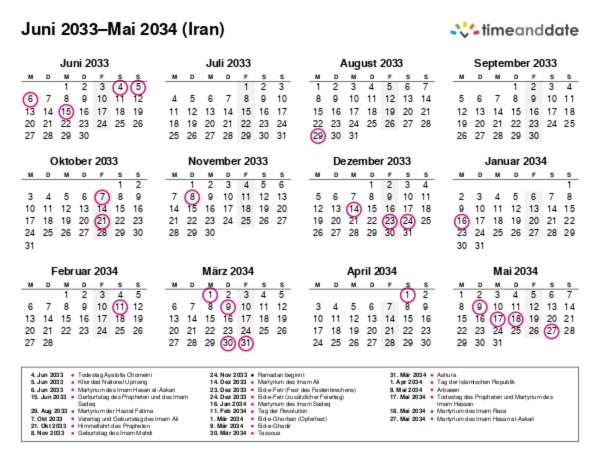 Kalender für 2033 in Iran