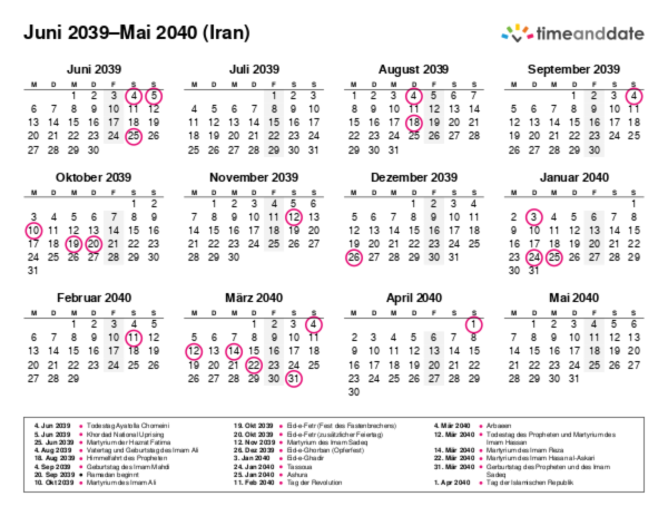 Kalender für 2039 in Iran
