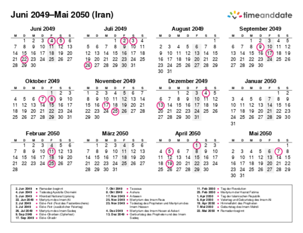 Kalender für 2049 in Iran