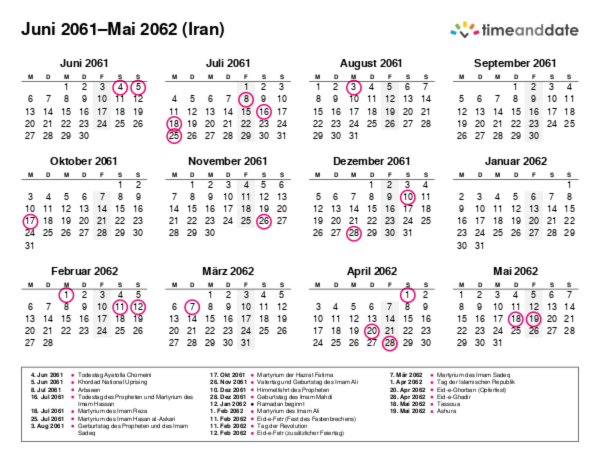 Kalender für 2061 in Iran