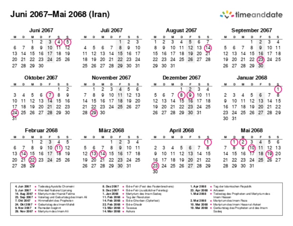 Kalender für 2067 in Iran
