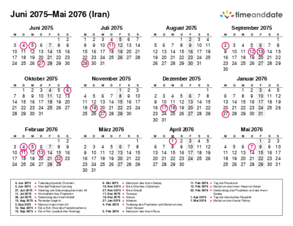 Kalender für 2075 in Iran